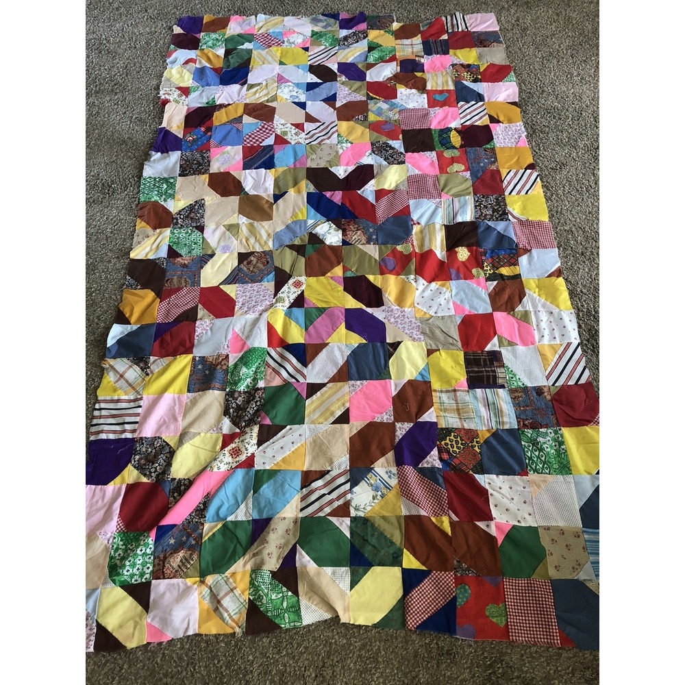 Vtg Quilt Top Only Hand Sewn 60's Unfinished Patchwork Cutter 32x84
